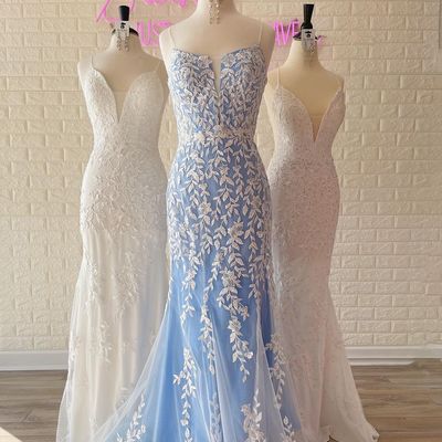 Cute mermaid straps blue prom dresses with lace - Thumbnail 1