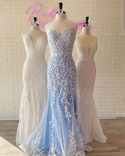 Cute Mermaid Straps Blue Prom Dresses with Lace