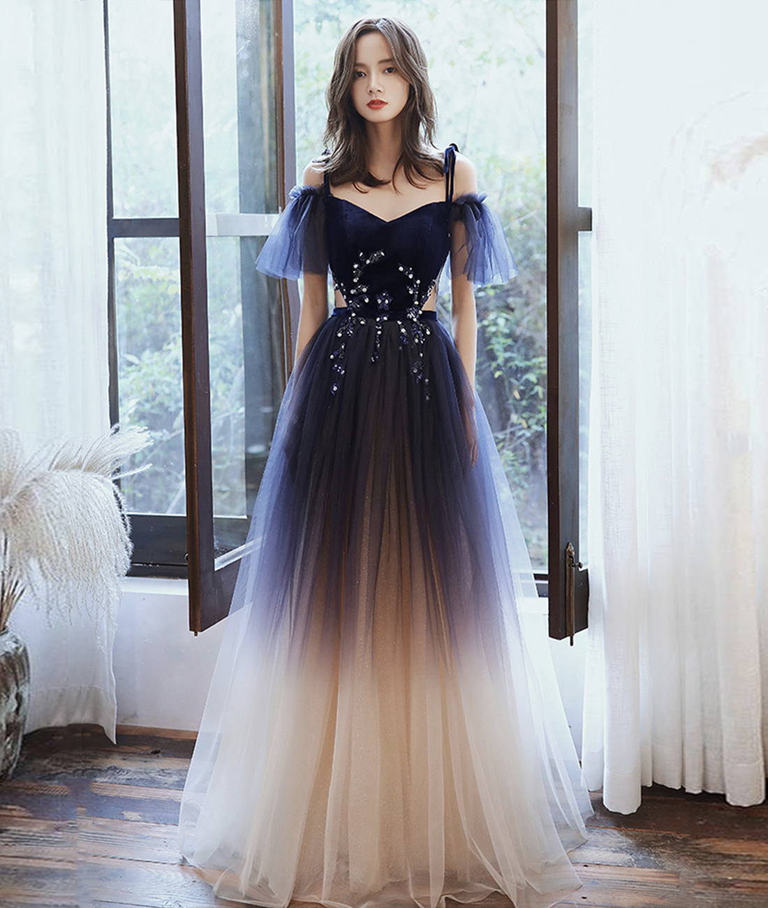 Stylish Velvet Tulle Long Prom Dress Evening Dress