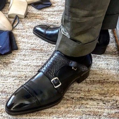 Best Wear Western Style Black Double Monk Strap Alligator Touch Leather Shoes
