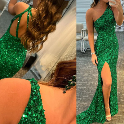 One Shoulder Green Prom Dresses Criss Cross