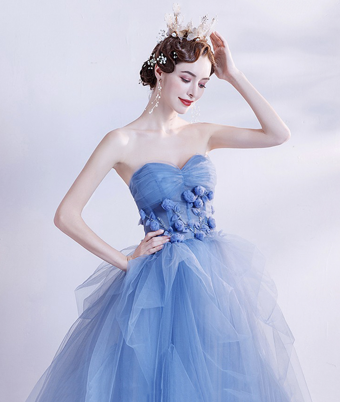 Blue Strapless Tulle Long Formal Dress, Blue Evening Dress