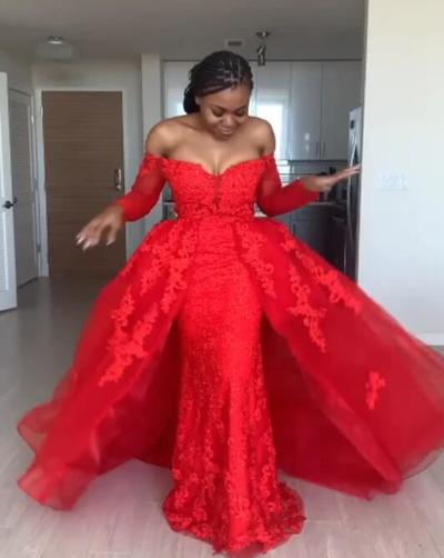 Off Shoulder A Line Red Long Sleeve Lace Prom Dress