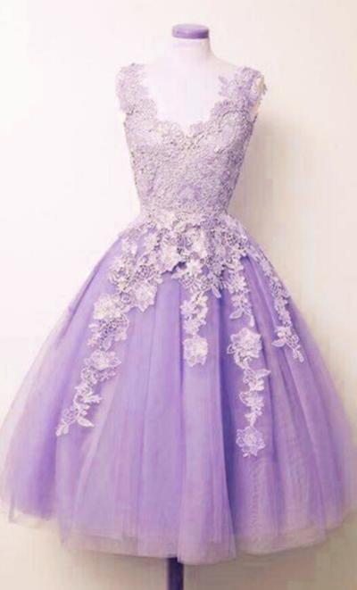 Vintage lilac ball gowns short prom dresses with lace