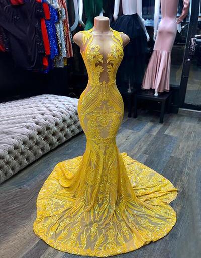 Vintage yellow sequin prom evening dresses
