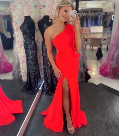 Charming Mermaid One Shoulder Orange Satin Prom Dresses with Slit
