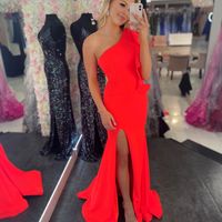 Charming Mermaid One Shoulder Orange Satin Prom Dresses with Slit - Thumbnail 1