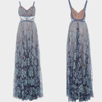 Blue Lace Prom Dresses Spaghetti Straps Floor Length - Thumbnail 1