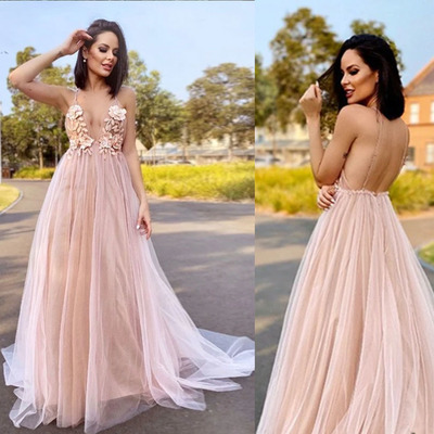 Backless Spaghetti Straps Prom Dresses with 3D Flowers