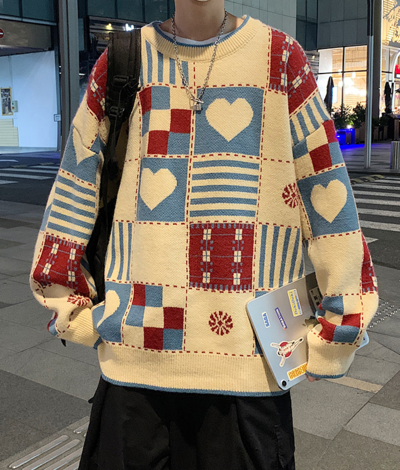 Patchwork Heart Color Block Knit Sweater