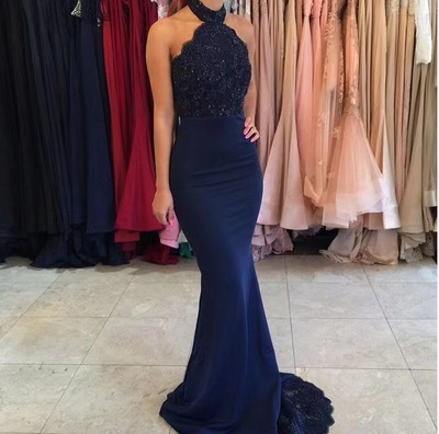 High Neck Navy Blue Bridesmaid Dresses with Lace Appliques