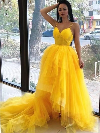 Spaghetti Straps Yellow Prom Dresses Criss Cross PDS4