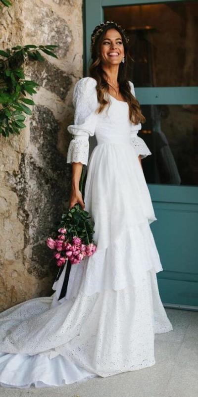 Vintage A-line Bohemian Backless Ivory Mermaid Wedding Gown with Sleeves