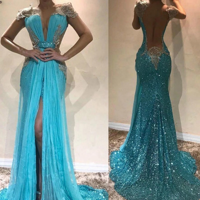 Sparkly Prom Dresses Blue Deep V Neck with Beading