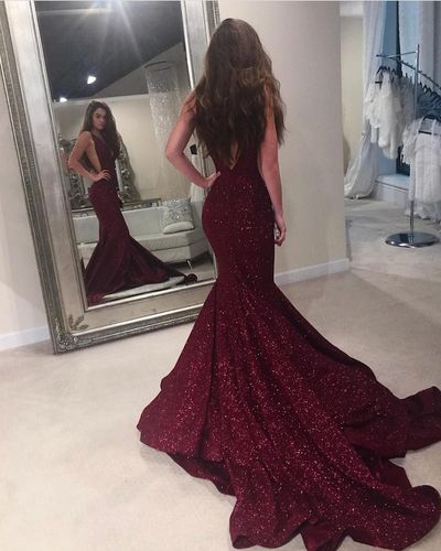 SP2240,Sexy Mermaid Deep V-Neck Burgundy Satin Prom/Evening Dress with sequins