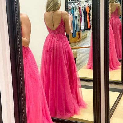 Cute a line v neck pink tulle prom dresses with beading - Thumbnail 1