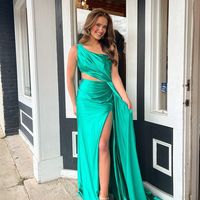 Charming Mermaid One Shoulder Blue Satin Prom Dresses with Slit - Thumbnail 2