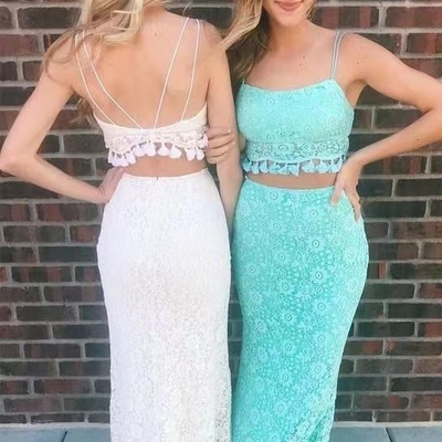 Two piece lace prom dresses double straps - Thumbnail 1
