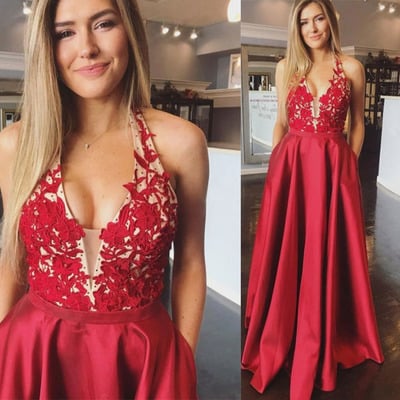 Halter v neck prom dresses backless with appliques lace - Thumbnail 1
