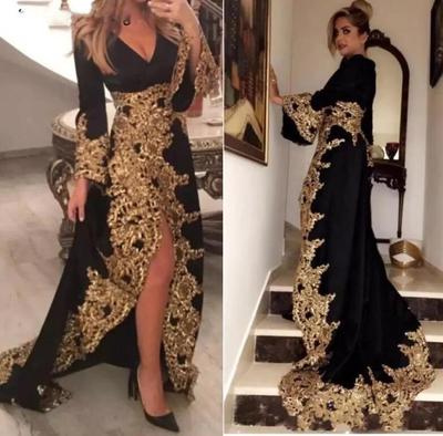 Vintage black v neck long sleeve prom dresses with gold Lace Applique