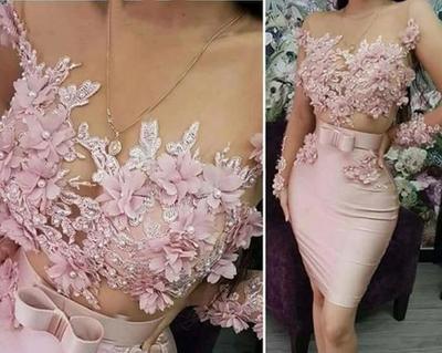 Elegant Pink Tulle Short Prom Dresses Long Sleeves With Flowers
