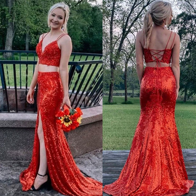 Two piece orange prom dresses slit side sequins - Thumbnail 1