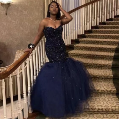 Navy blue prom dresses mermaid with beaded pd109 - Thumbnail 2