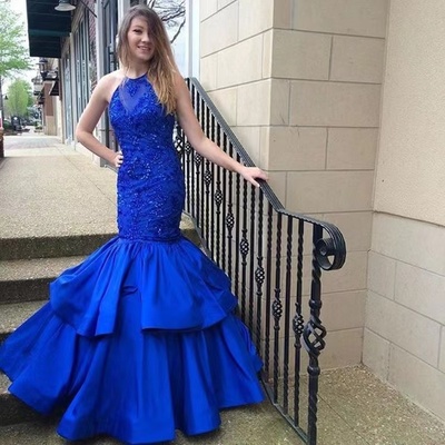 Halter royal blue prom dresses with beaded mermaid - Thumbnail 2