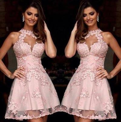 Halter A-Line Tulle Pink Short Homecoming Dresses