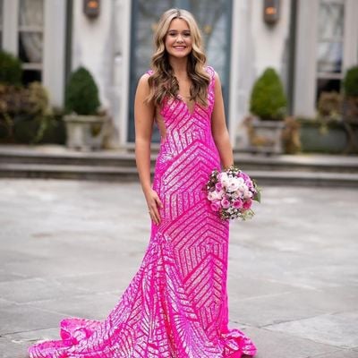 Cute mermaid v neck hot pink sequins prom dresses - Thumbnail 1