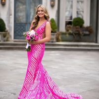 Cute Mermaid V Neck Hot Pink Sequins Prom Dresses - Thumbnail 1