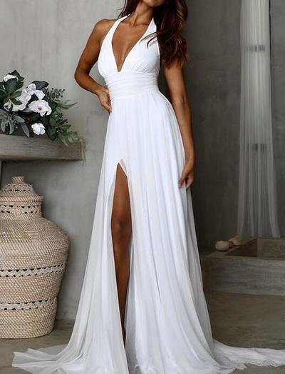 Simple Halter Long Chiffon Prom Dresses Maxi Dresses