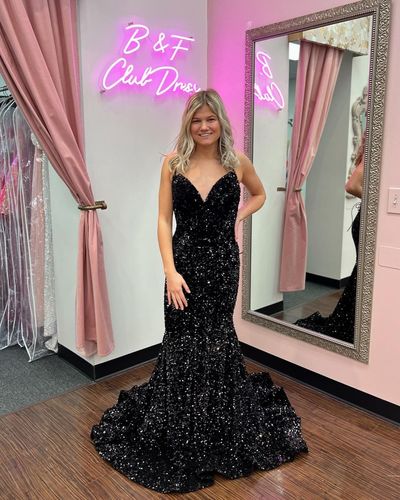 Charming Mermaid V Neck Black Sequins Prom Dresses