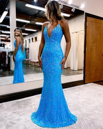 Cute Mermaid V Neck Blue Sequins Long Prom Dresses