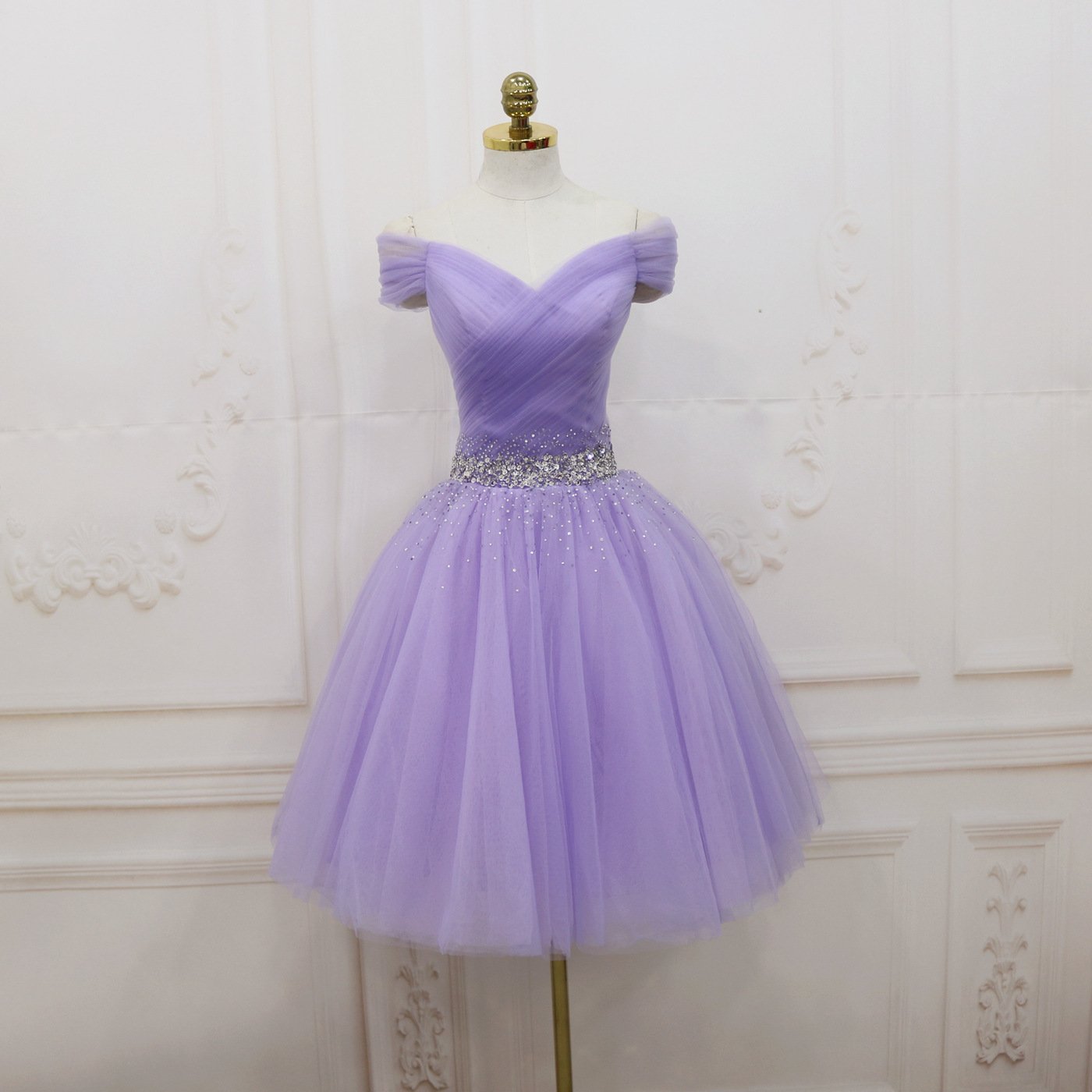 Purple Tulle Beaded Short Prom Dress, Cute A-Line Party Dress