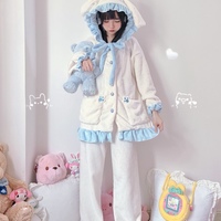 Japanese Cute Girl Women Fashion Fluffy Plush Thick Warm Winter Bunny Rabbit Ears Pink & Blue Long Sleeve Top & Pants Pajamas Sleepwear Two Piece Set - Thumbnail 5