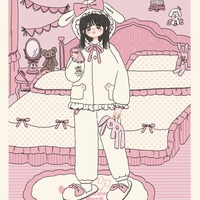 Japanese Cute Girl Women Fashion Fluffy Plush Thick Warm Winter Bunny Rabbit Ears Pink & Blue Long Sleeve Top & Pants Pajamas Sleepwear Two Piece Set - Thumbnail 4