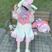 Japanese Cute Girl Women Fashion Fluffy Plush Thick Warm Winter Bunny Rabbit Ears Pink & Blue Long Sleeve Top & Pants Pajamas Sleepwear Two Piece Set - Thumbnail 2