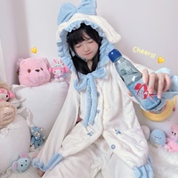 Japanese Cute Girl Women Fashion Fluffy Plush Thick Warm Winter Bunny Rabbit Ears Pink & Blue Long Sleeve Top & Pants Pajamas Sleepwear Two Piece Set - Thumbnail 6