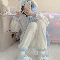Japanese Cute Girl Women Fashion Fluffy Plush Thick Warm Winter Bunny Rabbit Ears Pink & Blue Long Sleeve Top & Pants Pajamas Sleepwear Two Piece Set - Thumbnail 7