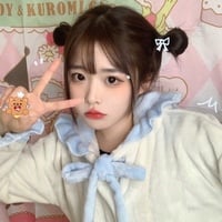Japanese Cute Girl Women Fashion Fluffy Plush Thick Warm Winter Bunny Rabbit Ears Pink & Blue Long Sleeve Top & Pants Pajamas Sleepwear Two Piece Set - Thumbnail 9