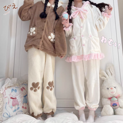 Japanese Cute Girl Bunny Rabbit Ears Hoodie Pink & Brown Thick Warm Winter Nightgown Pajamas Three Pieces Set