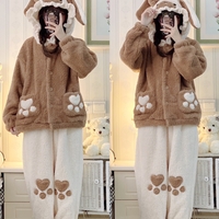 Japanese Cute Girl Bunny Rabbit Ears Hoodie Pink & Brown Thick Warm Winter Nightgown Pajamas Three Pieces Set - Thumbnail 2