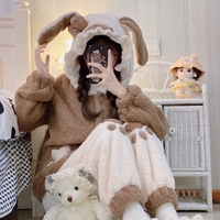 Japanese Cute Girl Bunny Rabbit Ears Hoodie Pink & Brown Thick Warm Winter Nightgown Pajamas Three Pieces Set - Thumbnail 1