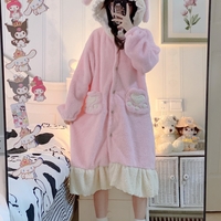 Japanese Cute Girl Bunny Rabbit Ears Hoodie Pink & Brown Thick Warm Winter Nightgown Pajamas Three Pieces Set - Thumbnail 4