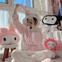 Japanese Cute Girl Bunny Rabbit Ears Hoodie Pink & Brown Thick Warm Winter Nightgown Pajamas Three Pieces Set - Thumbnail 7