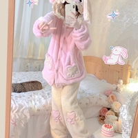Japanese Cute Girl Bunny Rabbit Ears Hoodie Pink & Brown Thick Warm Winter Nightgown Pajamas Three Pieces Set - Thumbnail 8