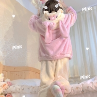 Japanese Cute Girl Bunny Rabbit Ears Hoodie Pink & Brown Thick Warm Winter Nightgown Pajamas Three Pieces Set - Thumbnail 9