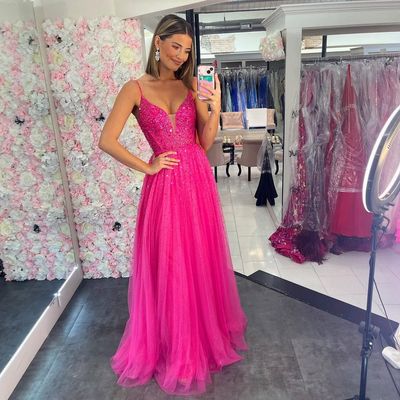 Cute A Line V Neck Hot Pink Long Prom Dresses with Beading