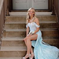 Charming Cute Mermaid Off the Shoulder Light Blue Long Prom Dresses - Thumbnail 2